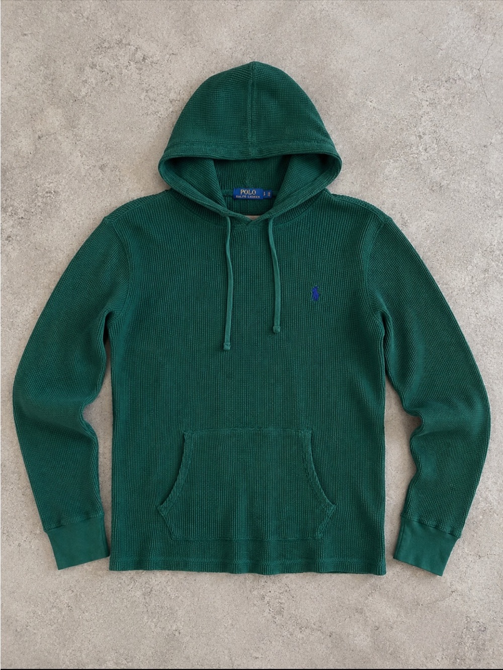 Polo Ralph Lauren Waffle Knit Hoodie Men Small Green Cotton Pullover Pony Logo